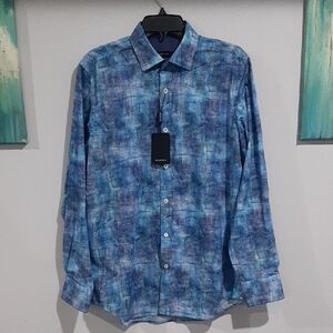 Bugatchi Classic Fit Blue Patterned Long-Sleeve Button-Down Shirt